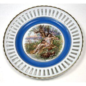 VTG Handpainted Mother & Child 8" Blue White Reticulated Decorative PLATE Japan